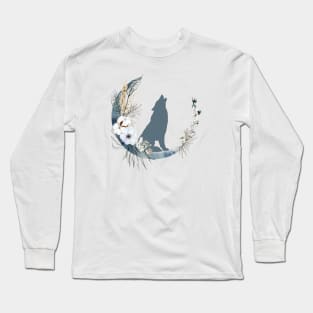 Celestial Wolf & Moon Shirt, Sun Moon Stars Tee, Mystical Wolf Tee, Moon and Stars, Flower Tshirt, Howling at the Moon Long Sleeve T-Shirt